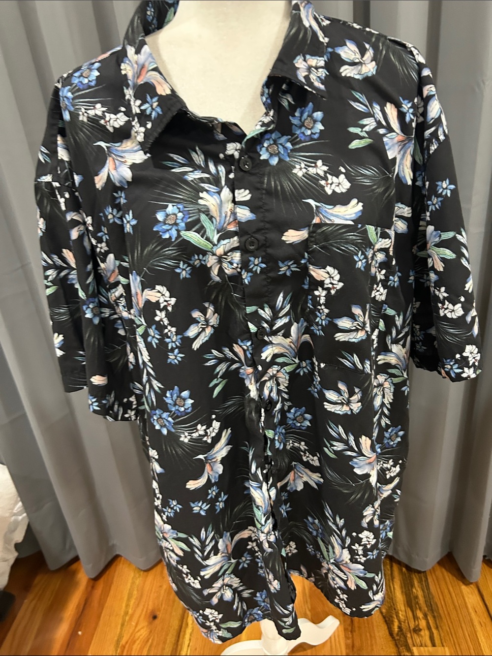 Black Floral Hawaiian shirt  with Blue and Cream Blooms